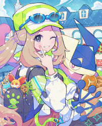 1girl alternate_costume bag braid building character_print chespin cloud commentary_request creatures_(company) day eyelashes eyewear_on_headwear fennekin food froakie game_freak gen_6_pokemon green_hat greninja grey_eyes grin hand_up haru_(haruxxe) hat highres legendary_pokemon long_hair long_sleeves nail_polish nintendo one_eye_closed outdoors paper_bag pink_nails pokemon pokemon_(creature) pokemon_xy ponytail serena_(pokemon) sky smile sparkle sunglasses teeth v zygarde zygarde_core