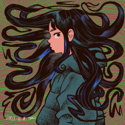 Rule 34 | 1girl, abstract background, absurdres, aqua coat, black hair, brown eyes, coat, dated, floating hair, highres, long hair, looking at viewer, original, procreate (medium), profile, signature, solo, tomidoron