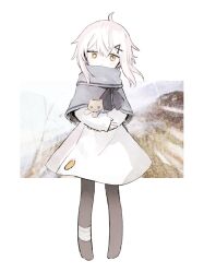 Rule 34 | 1girl, ahoge, bandaged ankle, black pantyhose, black ribbon, capelet, commentary, dot mouth, dress, english commentary, expressionless, floating hair, full body, grey capelet, hair ornament, hairclip, half-closed eyes, head tilt, hiasane, highres, holding, holding stuffed toy, indie utaite, light blush, looking at viewer, neck ribbon, no shoes, official art, pantyhose, ribbon, short hair with long locks, solo, standing, stuffed animal, stuffed cat, stuffed toy, turtleneck, utaite, white dress, white hair, yellow eyes, yorunogumo