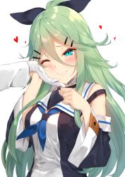 Rule 34 | 10s, 1girl, aqua eyes, bare shoulders, black ribbon, black serafuku, blush, bow, breasts, choker, detached collar, detached sleeves, gloves, green hair, hair between eyes, hair bow, hair ornament, hair ribbon, hairclip, hand on own chest, head tilt, heart, kantai collection, long hair, looking at viewer, medium breasts, one eye closed, parted bangs, ponytail, ribbon, school uniform, serafuku, simple background, solo focus, spoken heart, upper body, white background, white gloves, wide sleeves, yamakaze (kancolle), yappen