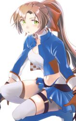 Rule 34 | 1girl, akigumo (kancolle), blue jacket, blue skirt, brown gloves, brown hair, checkered clothes, gloves, green eyes, highres, jacket, kantai collection, long hair, midriff, nice knee socks day, official alternate costume, ponytail, shirt, simple background, skirt, solo, thighhighs, tsukasa (tukasa br), white background, white shirt, white thighhighs