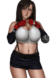 Rule 34 | 1990s (style), 1girl, blush, breast suppress, breasts, brown hair, cleavage, covered erect nipples, curvy, earrings, female focus, final fantasy, final fantasy vii, fingerless gloves, gloves, highres, jewelry, karma-laboratory, large breasts, long hair, midriff, miniskirt, red eyes, retro artstyle, simple background, skirt, solo, standing, suspenders, tifa lockhart, very long hair, white background