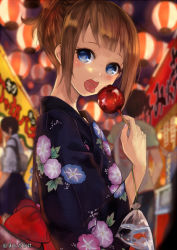 Rule 34 | 1girl, bag, blonde hair, blue eyes, blush, candy apple, festival, fish, floral print, flower, food, goldfish, japanese clothes, kimono, looking at viewer, morning glory, morning glory print, open mouth, original, pisuke, solo focus, tongue, tongue out, water