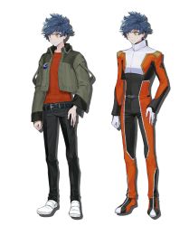 Rule 34 | 1boy, artist request, black pants, blue hair, clenched hand, green jacket, gundam, gundam seed, gundam seed eclipse, hand on own hip, jacket, looking to the side, male focus, official art, orange eyes, orange shirt, pants, pilot suit, shirt, shirt tucked in, smile, tatsumi hori, transparent background, variations, white footwear