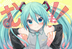 Rule 34 | 1girl, :t, aqua eyes, aqua hair, aqua necktie, bare shoulders, black sleeves, blush, commentary, detached sleeves, closed eyes, grey shirt, hands on own hips, hatsune miku, leaning forward, long hair, looking at viewer, necktie, pout, shirt, shoulder tattoo, sleeveless, sleeveless shirt, solo, sudachi (calendar), tattoo, translated, twintails, upper body, v-shaped eyebrows, very long hair, vocaloid