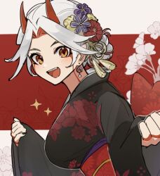 Rule 34 | 1girl, alternate costume, arataki itto, black kimono, black nails, breasts, earrings, fang, floral print, flower, genderswap, genderswap (mtf), genshin impact, hair bun, hair flower, hair ornament, horns, japanese clothes, jewelry, kimono, large breasts, long sleeves, looking at viewer, multicolored hair, nail polish, obi, oni yakisoba, open mouth, red hair, sash, solo, sparkle, teeth, upper body, upper teeth only, white hair, white horns, wide sleeves