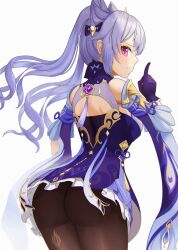 Rule 34 | 1girl, absurdres, ass, bare shoulders, blush, breasts, detached sleeves, dress, from behind, genshin impact, gloves, hair ornament, hairpin, highres, keqing (genshin impact), long hair, looking at viewer, looking back, medium breasts, pantyhose, purple dress, purple eyes, purple hair, sembem, short dress, sideboob, solo, twintails, very long hair