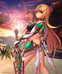 Rule 34 | 1girl, armor, blonde hair, blush, breasts, cleavage, cleavage cutout, clothing cutout, covered navel, earrings, gem, gloves, headpiece, hybridmink, jewelry, large breasts, long hair, mythra (xenoblade), nintendo, solo, sunset, swept bangs, sword, thigh strap, tiara, weapon, xenoblade chronicles (series), xenoblade chronicles 2, xenoblade chronicles 2: torna - the golden country, yellow eyes