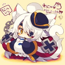 Rule 34 | 1girl, ahoge, animal, animal ear fluff, animal ears, azur lane, beige background, black pantyhose, blue dress, blue hat, blush, cat, cat ears, cat girl, cat tail, chain, character request, chibi, cross, dress, eyepatch, full body, garrison cap, hair between eyes, hat, highres, holding, holding animal, holding cat, iron cross, kemonomimi mode, long sleeves, meowfficer (azur lane), muuran, orange eyes, pantyhose, parted lips, signature, sleeves past fingers, sleeves past wrists, solo, standing, standing on one leg, tail, tail raised, translation request, white hair
