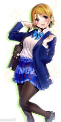 Rule 34 | 1girl, :d, bag, blazer, blue bow, blue bowtie, blue skirt, bow, bowtie, brown hair, brown pantyhose, hair between eyes, highres, jacket, koizumi hanayo, long sleeves, looking at viewer, love live!, love live! school idol project, nakano maru, open mouth, pantyhose, pink eyes, plaid, plaid skirt, purple eyes, school uniform, shirt, skirt, smile, solo, standing, standing on one leg, twitter username, white background, white shirt