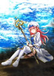 Rule 34 | 10s, 1girl, absurdres, boots, chooper, cosplay, day, full body, goblin slayer!, hat, highres, huge filesize, long hair, outdoors, priestess (goblin slayer!), red eyes, red hair, sitting, solo, thigh boots, thighhighs, white hat