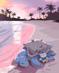 Rule 34 | closed eyes, closed mouth, commentary request, creatures (company), game freak, gen 1 pokemon, gen 4 pokemon, highres, lapras, lying, nintendo, no humans, on stomach, outdoors, palm tree, piplup, pokemon, pokemon (creature), revision, sand, shore, silhouette, sky, sleeping, smile, tomozo (muginosukejr), tree, water