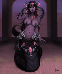 Rule 34 | 1girl, absurdres, apophis (monster girl encyclopedia), armband, artist name, bad id, bad tumblr id, bare shoulders, black hair, black lips, black nails, black sclera, bracelet, breasts, brick floor, colored sclera, colored skin, come hither, commentary, dark demon realm (monster girl encyclopedia), demon realm (monster girl encyclopedia), desert, earrings, english commentary, full body, gem, glowing, glowing eyes, gradient hair, highres, jewelry, lamia, large breasts, licking lips, lip piercing, long hair, looking at viewer, matilda fiship, monster girl, monster girl encyclopedia, monster girl encyclopedia ii, multicolored hair, nail polish, navel, navel piercing, necklace, night, nipple tassels, outstretched arm, pasties, piercing, pointy ears, purple skin, purple sky, red gemstone, revealing clothes, signature, silver, sky, slit pupils, smile, solo, stomach, temple, tongue, tongue out, very long hair, wristband, yellow eyes