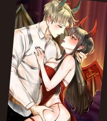 1boy 1girl bare_shoulders blonde_hair blush breasts cleavage collared_shirt demon_boy demon_girl demon_horns demon_wings dress earrings eye_contact fingernails from_side garter_straps highres horns jewelry looking_at_another nail_polish pointy_ears red_dress red_eyes red_nails rou_uor saliva saliva_trail sharp_fingernails shirt short_hair spy_x_family tongue tongue_out twilight_(spy_x_family) white_shirt wings yor_briar