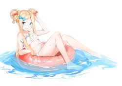 Rule 34 | 1girl, abigail williams (fate), abigail williams (swimsuit foreigner) (fate), abigail williams (swimsuit foreigner) (third ascension) (fate), absurdres, bare arms, bare legs, bare shoulders, barefoot, bikini, blonde hair, blue bow, blue eyes, blush, bow, braid, braided bun, closed mouth, collarbone, commentary request, double bun, fate/grand order, fate (series), full body, hair bow, hair bun, highres, innertube, knees up, long hair, parted bangs, red bow, sidelocks, simple background, smile, solo, swim ring, swimsuit, transparent, very long hair, water, white background, white bikini, yukaa