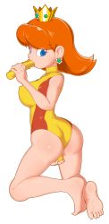 Rule 34 | 1girl, a-, absurdres, black background, blue eyes, brown hair, crown, dildo, earrings, eyes visible through hair, feet, fellatio, female masturbation, from behind, highres, jewelry, kneeling, looking at viewer, looking back, mario &amp; sonic at the olympic games, mario (series), masturbation, nintendo, object insertion, oral, princess daisy, sex toy, shiny skin, soles, solo, source request, super mario bros. 1, super mario land, swimsuit, toes, vaginal, vaginal object insertion