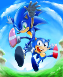 Rule 34 | blue eyes, dual persona, furry, furry male, green eyes, highres, manaita, signature, sonic (series), sonic generations, sonic the hedgehog, sonic the hedgehog (classic), time paradox, watermark