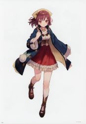 Rule 34 | 1girl, absurdres, atelier (series), atelier sophie, blush, boots, breasts, brown eyes, brown hair, corset, cross-laced footwear, full body, hat, highres, jewelry, lace-up boots, looking at viewer, medium breasts, necklace, official art, open mouth, scan, short hair, simple background, skirt, smile, solo, sophie neuenmuller, standing, white background