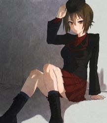 Rule 34 | 1girl, adjusting clothes, adjusting headwear, against wall, ankle boots, arm support, black hat, black jacket, black socks, boots, brown eyes, brown hair, closed mouth, commentary, dress shirt, garrison cap, girls und panzer, hat, highres, jacket, kuromorimine military uniform, leaning back, legs, light frown, long sleeves, looking at viewer, military, military hat, military uniform, miniskirt, nishizumi maho, pleated skirt, red shirt, red skirt, senta (ysk 0218), shadow, shirt, short hair, sitting, skirt, socks, solo, uniform, wing collar
