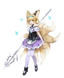Rule 34 | 1girl, absurdres, animal ear fluff, arknights, bare shoulders, black footwear, black vest, blonde hair, boots, bug, butterfly, daya (13urntsienna), dress, earpiece, full body, green eyes, hair rings, hairband, highres, holding, holding staff, insect, looking at viewer, medium hair, multiple tails, off-shoulder dress, off shoulder, open mouth, pantyhose, pouch, scrunchie, simple background, smile, solo, staff, suzuran (arknights), tail, vest, white background, white pantyhose, wrist scrunchie