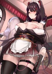 Rule 34 | 1boy, 2girls, :3, animal ears, black thighhighs, breasts, brown hair, clothes lift, collar, commentary request, egg vibrator, gluteal fold, heterochromia, highres, inui toko, large breasts, long hair, maid, maid headdress, microskirt, multiple girls, nijisanji, nipple slip, nipples, off shoulder, red eyes, sakupanp, sex toy, skirt, skirt lift, solo focus, stuffed toy, thighhighs, very long hair, vibrator, vibrator in thigh strap, vibrator under clothes, virtual youtuber, yellow eyes