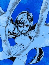Rule 34 | 1girl, ayase momo, black jacket, blue background, blue theme, dandadan, dress, highres, jacket, looking at viewer, open mouth, outstretched arms, reaching, reaching towards viewer, shiroari, simple background, solo