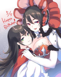 Rule 34 | 2girls, bare shoulders, black hair, bonnet, breasts, cape, cleavage, closed mouth, dated, dress, dual persona, elbow gloves, fang, fur-trimmed gloves, fur trim, gloves, green eyes, gucchiann, hair between eyes, happy birthday, highres, illya (real) (princess connect!), illya (princess connect!), large breasts, long hair, looking at viewer, multiple girls, open mouth, princess connect!, red cape, red dress, red eyes, shirt, small breasts, smile, white gloves, white shirt