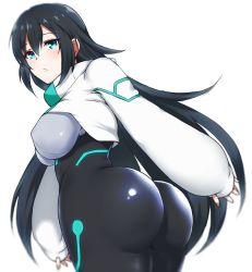 Rule 34 | 1girl, aqua eyes, ass, bad id, bad pixiv id, black bodysuit, black hair, blurry, blurry background, bodysuit, breasts, covered erect nipples, cowboy shot, from behind, gundam, gundam build divers, gundam build divers re:rise, impossible bodysuit, impossible clothes, large breasts, long hair, looking at viewer, looking back, may (gundam build divers re:rise), rizkeith, shiny clothes, shiny skin, simple background, skin tight, solo, standing, white background