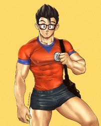 Rule 34 | 1boy, alternate costume, bara, black-framed eyewear, black hair, black shorts, blush, bulge, covered abs, covered navel, dragon ball, dragonball z, covered erect nipples, highres, leg up, male focus, muscular, muscular male, on shoulder, otokobara, parted lips, pectorals, raised eyebrows, shirt, short hair, shorts, solo, son gohan, spiked hair, taut clothes, taut shirt, thick thighs, thighs, tight shirt