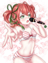 Rule 34 | 1girl, absurdres, belly, blush, blush stickers, bra, bug, butterfly, clover, commission, fuyo cloverfield, green eyes, hair ribbon, highres, idol corp, insect, knee up, microphone, music, navel, open mouth, panties, pink hair, pointy ears, ribbon, singing, striped bra, striped clothes, striped panties, underwear, v, virtual youtuber