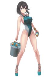 Rule 34 | 1girl, absurdres, alternate costume, black hair, bottle, breasts, bucket, commentary request, competition swimsuit, fei (feikotake), full body, green one-piece swimsuit, grey eyes, hayasui (kancolle), highleg, highleg swimsuit, highres, holding, kantai collection, large breasts, looking at viewer, one-piece swimsuit, platform footwear, short hair, simple background, solo, standing, swimsuit, toeless footwear, white background