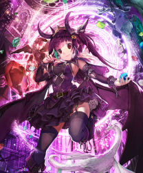 Rule 34 | 1girl, belt, breasts, commentary request, cuffs, detached sleeves, dragon, fang, garter straps, gem, hair ornament, highres, holding, horns, indoors, layered skirt, looking at viewer, magic circle, mini dragon, original, purple hair, purple skirt, red eyes, sideboob, skirt, small breasts, solo, spirtie, thighhighs, wings