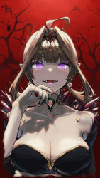 Rule 34 | 1girl, absurdres, ahoge, alternate costume, alternate hairstyle, black choker, black dress, breasts, brown hair, choker, detached sleeves, diablo010059, dress, earrings, fangs, halloween, halloween costume, highres, jewelry, kantai collection, kongou (kancolle), large breasts, long hair, looking at viewer, nail polish, purple eyes, red nails, solo, strapless, strapless dress, upper body