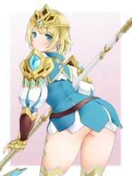 Rule 34 | 1girl, armor, ashita yaru, ass, blonde hair, blue dress, blue eyes, boots, circlet, cowboy shot, dress, earrings, fingerless gloves, fire emblem, fire emblem heroes, fjorm (fire emblem), from behind, gauntlets, gloves, jewelry, looking at viewer, looking back, nintendo, no panties, polearm, puffy sleeves, short dress, short hair, shoulder armor, simple background, solo, spear, tareme, thigh boots, thighhighs, weapon, white thighhighs
