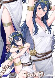 Rule 34 | 1girl, ameno (a meno0), armlet, armpits, bare shoulders, belt, blue eyes, blue hair, breasts, brown belt, cleavage, closed mouth, collarbone, dress, fire emblem, fire emblem awakening, fire emblem heroes, flower, gladiator sandals, grin, hair between eyes, hair flower, hair ornament, head wreath, highres, jewelry, leglet, long hair, looking at viewer, lucina (fire emblem), lucina (valentine) (fire emblem), medium breasts, multiple views, nintendo, official alternate costume, sandals, side slit, simple background, sitting, sleeveless, sleeveless dress, smile, toes, white background, white dress, white flower