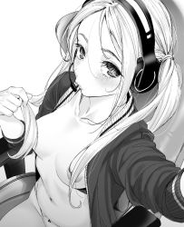 Rule 34 | 1girl, blush, breasts, collarbone, commentary request, greyscale, headphones, jacket, lips, long hair, looking at viewer, microphone, monochrome, navel, nipples, no bra, office lady, on chair, open clothes, open jacket, original, panties, playing with own hair, selfie, simple background, sitting, small breasts, solo, toro tarou, twintails, underwear, white background