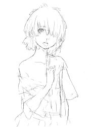 Rule 34 | 1girl, collarbone, cowboy shot, greyscale, hair over one eye, hand on own chest, head tilt, highres, houden eizou, lineart, looking at viewer, monochrome, nazo no kanojo x, off shoulder, saliva, short hair, simple background, sketch, solo, standing, urabe mikoto, white background