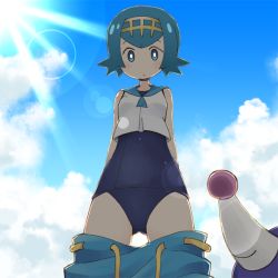 Rule 34 | 1girl, arms behind back, blue eyes, blue hair, blue sailor collar, blue sky, bright pupils, clothes pull, cloud, creatures (company), day, expressionless, from below, game freak, gen 7 pokemon, hairband, lana (pokemon), light rays, looking at viewer, nekotoufu, nintendo, one-piece swimsuit, outdoors, pants, pants pull, pokemon, pokemon (creature), pokemon sm, popplio, sailor collar, school swimsuit, short hair, sky, sleeveless, sunbeam, sunlight, swimsuit, swimsuit under clothes, trial captain
