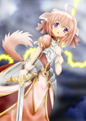 Rule 34 | 10s, 1girl, animal ears, armor, armored dress, dog days, dog ears, dog girl, dog tail, highres, millhiore f. biscotti, pink hair, purple eyes, ringo (pinafores), sword, tail, weapon