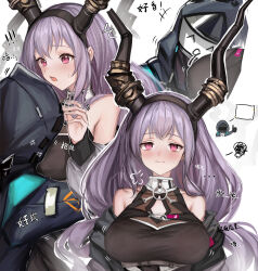 Rule 34 | !, !!, 1girl, 1other, absurdres, arknights, armpit crease, arms at sides, bare shoulders, between breasts, black hairband, black horns, black jacket, black mask, black shirt, blue jacket, blush, breasts, chibi, chibi inset, cleavage cutout, closed mouth, clothing cutout, commentary request, doctor (arknights), english text, fake horns, hair between eyes, hairband, head between breasts, highres, hood, hood up, hooded jacket, horns, jacket, large breasts, long hair, looking at viewer, mask, multiple views, nopetroto, nose blush, off shoulder, open clothes, open jacket, pink eyes, purple hair, shirt, sidelocks, sleeveless, sleeveless shirt, surprised, typhon (arknights), wavy mouth