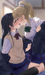Rule 34 | 2girls, ayase eli, black hair, black jacket, blonde hair, blue eyes, blue skirt, blurry, blurry background, blush, bow, collared shirt, commentary request, eye contact, french kiss, green bow, highres, jacket, jacket partially removed, kiss, long hair, looking at another, love live!, love live! school idol project, multiple girls, nanatsu no umi, otonokizaka school uniform, pleated skirt, ponytail, school uniform, scrunchie, shirt, sitting, skirt, sonoda umi, sweat, sweater vest, very long hair, wariza, white scrunchie, white shirt, yellow eyes, yuri