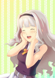 Rule 34 | 1girl, ^ ^, absurdres, bare shoulders, belt, breasts, closed eyes, female focus, gradient background, hairband, highres, idolmaster, idolmaster (classic), long hair, moonhackle, open mouth, shijou takane, silver hair, smile, solo