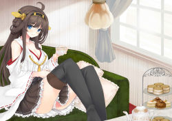 Rule 34 | 10s, 1girl, ahoge, blue eyes, blush, boots, breasts, brown hair, cleavage, couch, cup, detached sleeves, green upholstery, hairband, japanese clothes, kantai collection, kettle, kongou (kancolle), long hair, looking at viewer, nontraditional miko, panties, pantyshot, plate, sitting, skirt, smile, solo, teacup, teakettle, teapot, thigh boots, thighhighs, tiered serving stand, underwear, upskirt, utakata (kochou no yume), white panties, zettai ryouiki