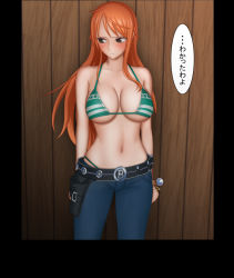 Rule 34 | 1girl, against wall, bare arms, bare shoulders, belt, bikini, bikini top only, black eyes, blush, bracelet, breasts, breasts apart, cleavage, closed mouth, denim, embarrassed, groin, holster, jeans, jewelry, large breasts, legs, long hair, looking away, nami (one piece), navel, one piece, orange hair, pants, ponte, racelet, solo, speech bubble, standing, sweatdrop, swimsuit, thighs, translation request