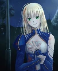 Rule 34 | 1girl, artoria pendragon (fate), blonde hair, blood, blood on clothes, breasts, cleavage, fate/stay night, fate (series), green eyes, lowres, saber (fate), small breasts, solo, torn clothes