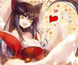 Rule 34 | 1girl, ahri (league of legends), animal ears, asamiyajy, black hair, breasts, character name, cleavage, detached sleeves, fox ears, fox tail, heart, japanese clothes, large breasts, league of legends, long hair, long sleeves, low neckline, multiple tails, nail polish, open mouth, smile, solo, tail, yellow eyes