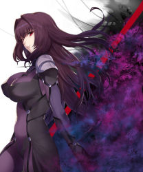 Rule 34 | 1girl, armor, bodysuit, breasts, fate/grand order, fate (series), gae bolg (fate), hair between eyes, highres, hotate-chan, large breasts, long hair, looking at viewer, parted lips, pauldrons, polearm, purple bodysuit, purple hair, red eyes, scathach (fate), shoulder armor, smile, solo, spear, weapon, white background