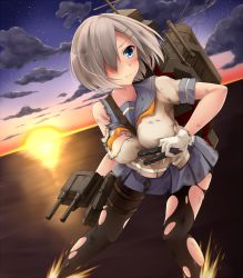 Rule 34 | 10s, 1girl, between fingers, black pantyhose, blouse, blue eyes, blue skirt, breasts, cloud, cloudy sky, dutch angle, gloves, hair ornament, hair over one eye, hairclip, hamakaze (kancolle), holding, kantai collection, large breasts, machinery, minami machi, miniskirt, neckerchief, ocean, pantyhose, pleated skirt, sailor collar, school uniform, serafuku, shirt, short hair, silver hair, skirt, sky, solo, sunset, torn clothes, torn pantyhose, torpedo, turret, white gloves, yellow neckerchief
