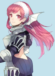 Rule 34 | 1girl, armor, backless dress, backless outfit, blue background, blush, breastplate, cherche (fire emblem), closed mouth, dress, fire emblem, fire emblem awakening, grey wings, hairband, juliet sleeves, jurge, long hair, long sleeves, looking at viewer, looking to the side, metal wings, nintendo, pink hair, puffy sleeves, purple dress, red eyes, short dress, simple background, smile, solo, very long hair, white hairband, wings