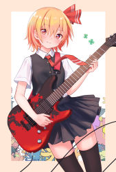 Rule 34 | 1girl, black skirt, black thighhighs, black vest, blonde hair, blouse, commentary, cowboy shot, electric guitar, english commentary, flower, guitar, hair ribbon, highres, instrument, looking at viewer, necktie, red eyes, red necktie, ribbon, roke (taikodon), rumia, shirt, short hair, short sleeves, skirt, solo, thighhighs, touhou, vest, white shirt, zettai ryouiki